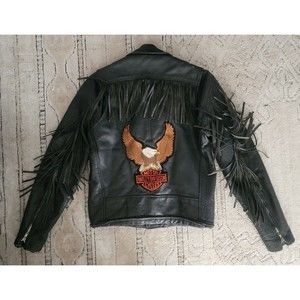 VTG Harley Davidson The Leather Shop Black Fringe Leather Motorcycle Jacket